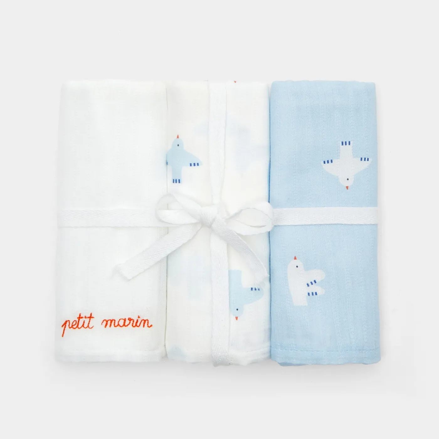 Bibs And Swaddling Cloths-Jacadi Set of 3 swaddling cloths White/Blue
