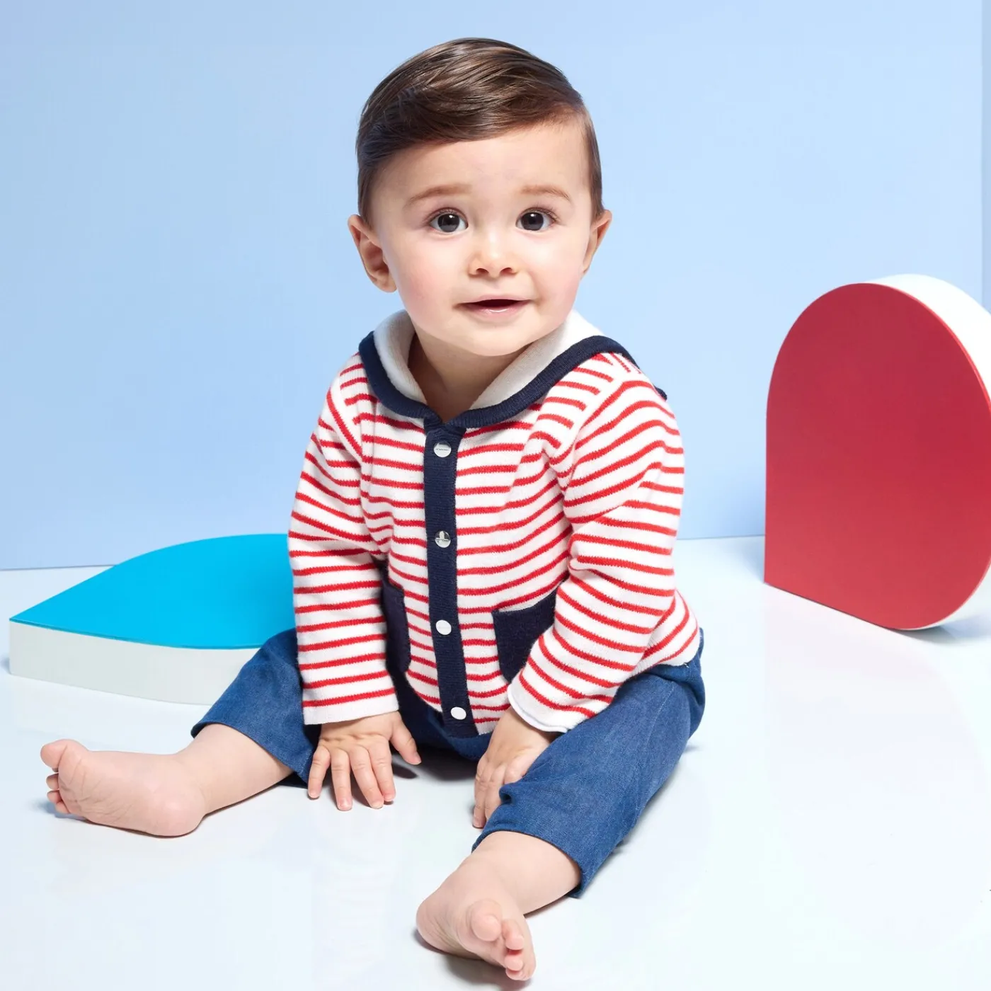 Jumpers, Sweatshirts And Cardigans-Jacadi Baby boy cardigan with a sailor collar White/Red
