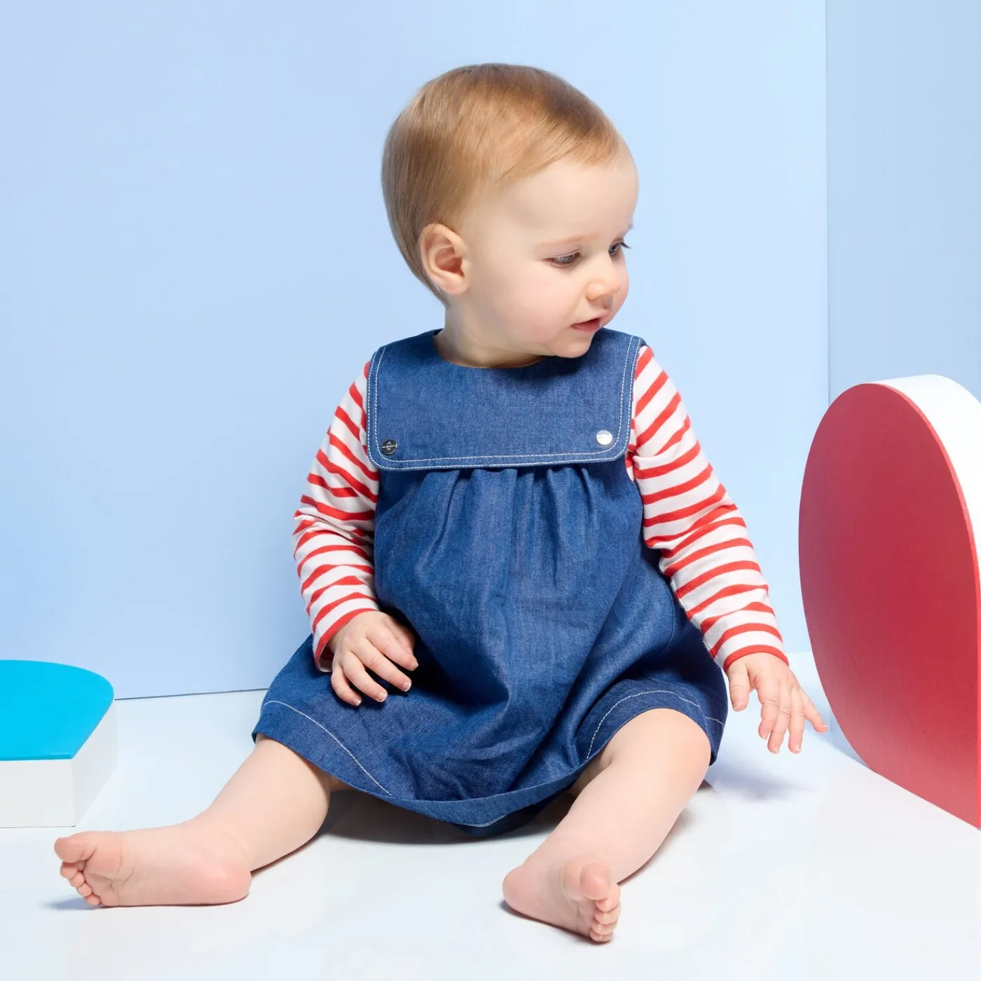 Dresses-Jacadi Baby girl pinafore dress in lightweight denim Dark Denim