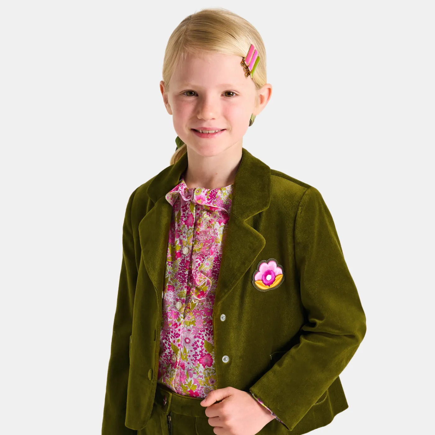 Coats And Outerwear|Girl Coats & Puffer Jackets-Jacadi Girl blazer in smooth velvet Olive green