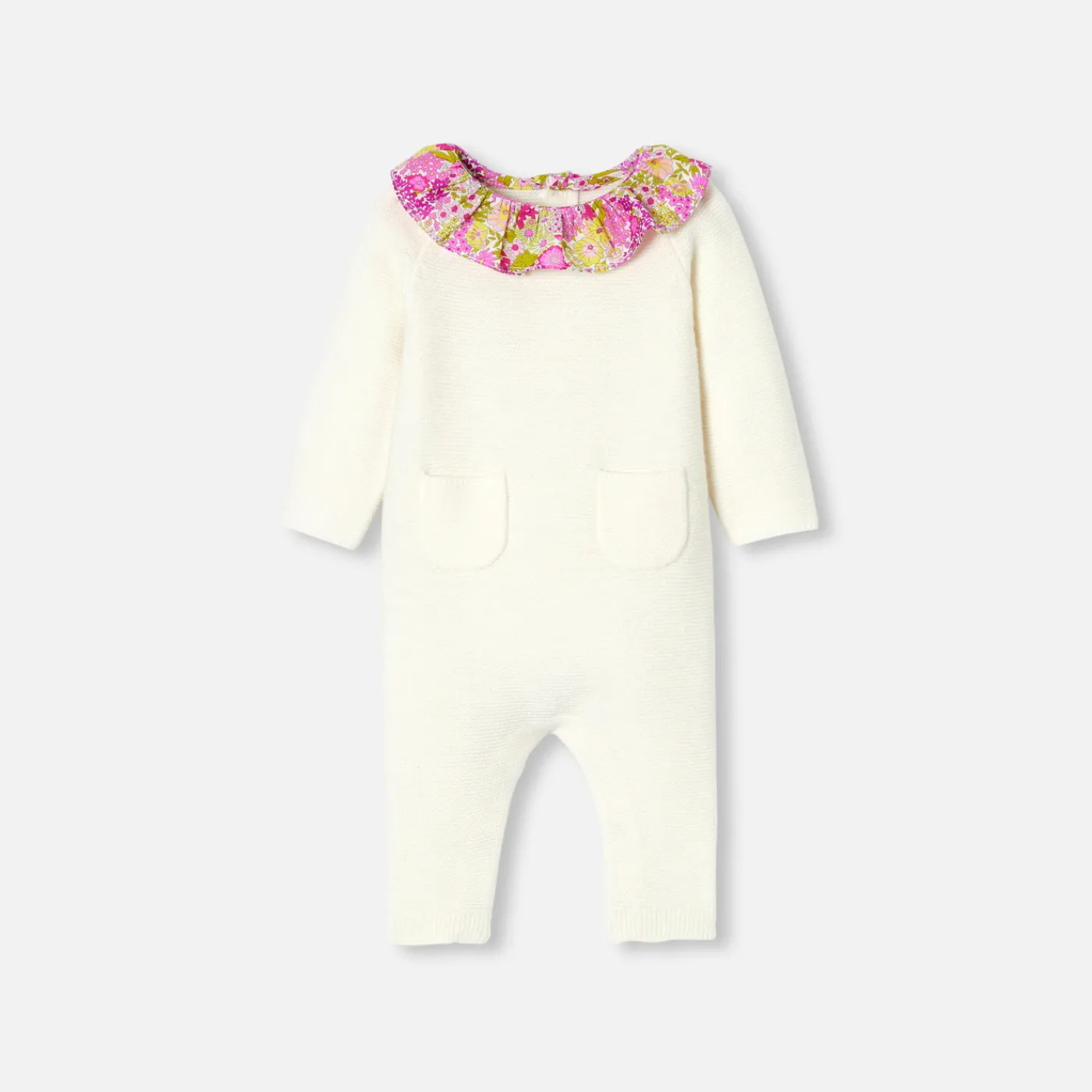 Bloomers, Overalls And Sets-Jacadi Baby girl jumpsuit in garter stitch. Jacadi soft white